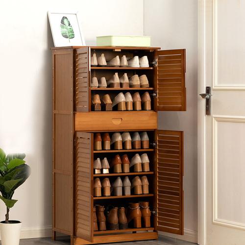 Étagère À Chaussures À 8 Couches, Meuble À Chaussures Domestique, Simple, Multicouche, Économique, Dortoir En Bois Massif, Anti-Poussière, 4 Portes Marron (Surdimensionné) (Surpoids)