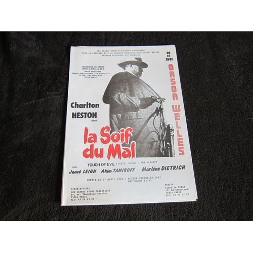 Dossier De Presse - La Soif Du Mal Orson Welles Pour La Sortie En Version Intégrale 1988 (Charlton Heston /Marlène Dietrich..)