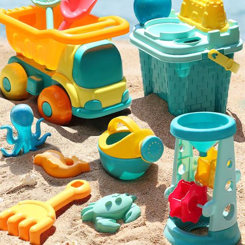 (Exclusivement Vendu En Asie Du Sud-Est) Jouet De Plage Pour Enfants, Voiture, Outil De Creusement De Sable, Seau De Pelle, Ensemble De Jeu De Sable Pour Enfants, Sablier, Piscine De Sable, Ensemble De 9 Pièces + Sablier + Château + Voiture De Plage
