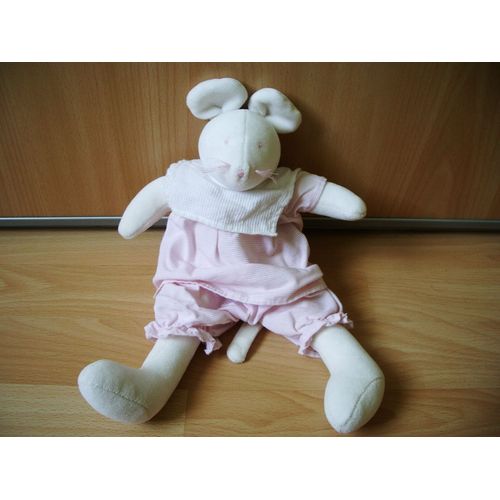 Doudou Souris Blanche Dedicace - Habits Rayures Rose Et Blanc