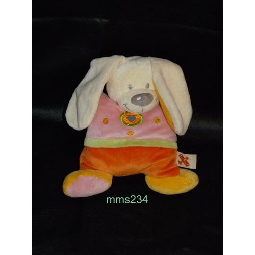 Lapin Doudou Blanc Rose Vert Orange Jaune Coeur Bleu Brodé Nez Gris Hochet Grelot Nicotoy Kiabi 22 Cm + Les Oreilles 12 Cm