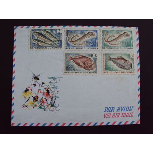 Congo..A.E.F.5 Timbres Sur Enveloppe Air Mail(Dessin Champion)Série"Les Poissons"1f,2f,3f,5f,10f.Non Oblitérés.