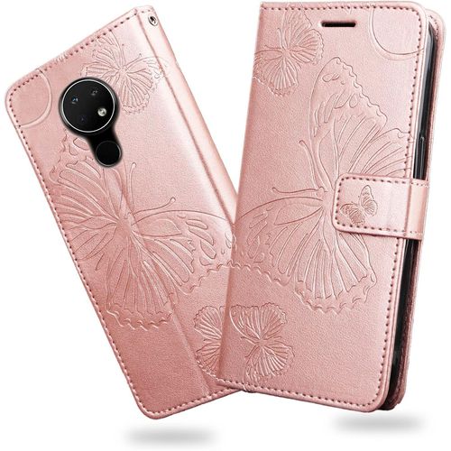 Coque Pour Nokia 7.2 / Nokia 6.2, Papillon Imprim¿¿ Housse En Cuir Pu Magn¿¿Tique Portefeuille, ¿¿Tui ¿¿ Rabat Pour Nokia 7.2 / Nokia 6.2, Or Rose