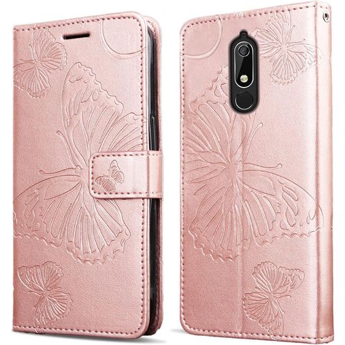 Coque Pour Nokia 5.1, Papillon Imprim¿¿ Housse En Cuir Pu Magn¿¿Tique Portefeuille, ¿¿Tui ¿¿ Rabat Pour Nokia 5.1, Or Rose