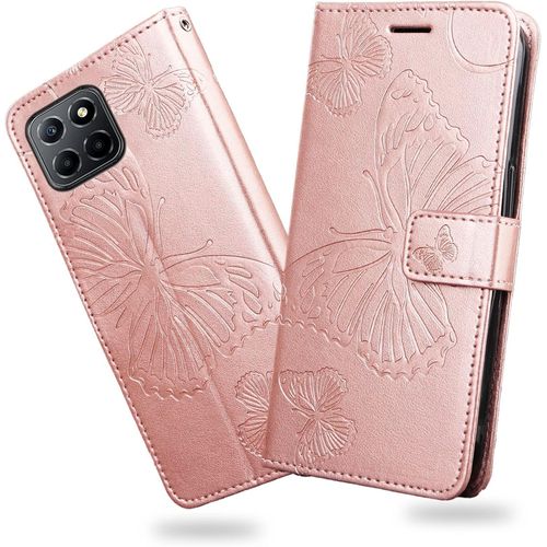 Coque Pour Huawei Honor X8 5g / Honor X6 5g, Papillon Imprim¿¿ Housse En Cuir Pu Magn¿¿Tique Portefeuille, ¿¿Tui ¿¿ Rabat Pour Huawei Honor X8 5g / Honor X6 5g, Or Rose