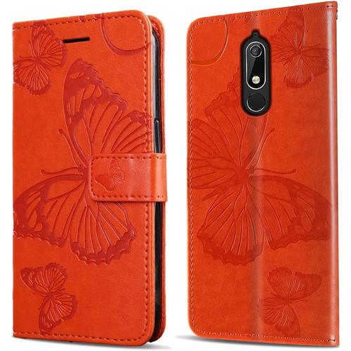 Coque Pour Nokia 5.1, Papillon Imprim¿¿ Housse En Cuir Pu Magn¿¿Tique Portefeuille, ¿¿Tui ¿¿ Rabat Pour Nokia 5.1, Orange