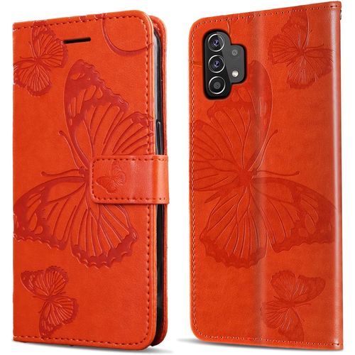 Coque Pour Galaxy A32 5g, Papillon Imprim¿¿ Housse En Cuir Pu Magn¿¿Tique Portefeuille, ¿¿Tui ¿¿ Rabat Pour Samsung Galaxy A32 5g, Orange