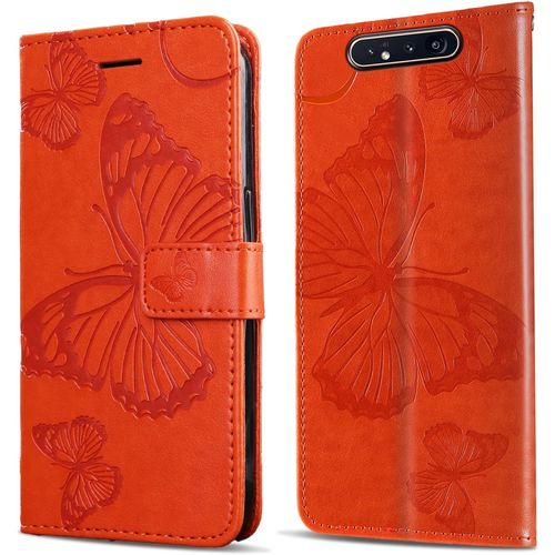 Coque Pour Galaxy A80 / Galaxy A90, Papillon Imprim¿¿ Housse En Cuir Pu Magn¿¿Tique Portefeuille, ¿¿Tui ¿¿ Rabat Pour Samsung Galaxy A80 / Galaxy A90, Orange
