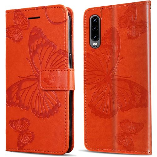 Coque Pour Huawei P30, Papillon Imprim¿¿ Housse En Cuir Pu Magn¿¿Tique Portefeuille, ¿¿Tui ¿¿ Rabat Pour Huawei P30, Orange