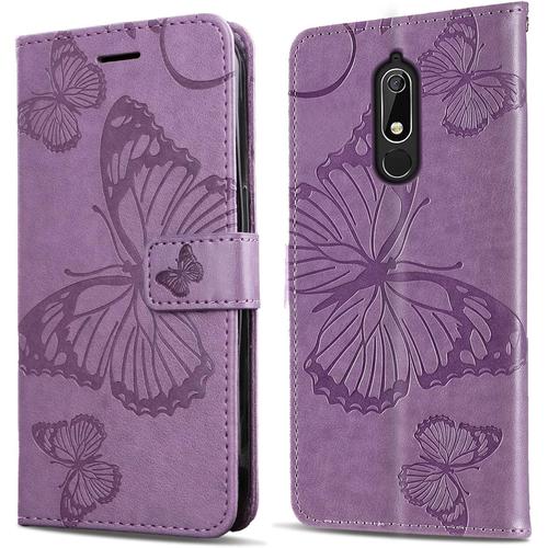 Coque Pour Nokia 5.1, Papillon Imprim¿¿ Housse En Cuir Pu Magn¿¿Tique Portefeuille, ¿¿Tui ¿¿ Rabat Pour Nokia 5.1, Violet