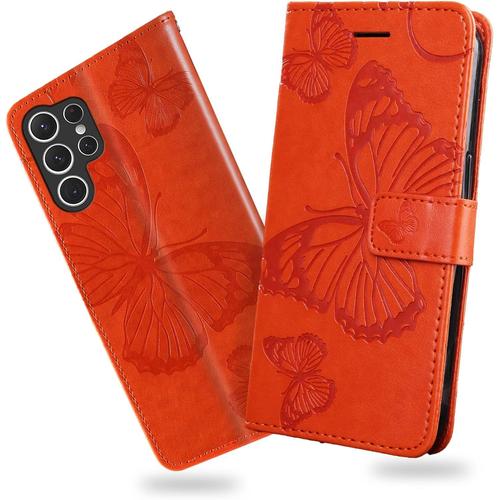 Coque Pour Galaxy S23 Ultra, Papillon Imprim¿¿ Housse En Cuir Pu Magn¿¿Tique Portefeuille, ¿¿Tui ¿¿ Rabat Pour Samsung Galaxy S23 Ultra, Orange