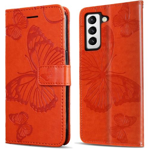 Coque Pour Galaxy S21, Papillon Imprim¿¿ Housse En Cuir Pu Magn¿¿Tique Portefeuille, ¿¿Tui ¿¿ Rabat Pour Samsung Galaxy S21, Orange