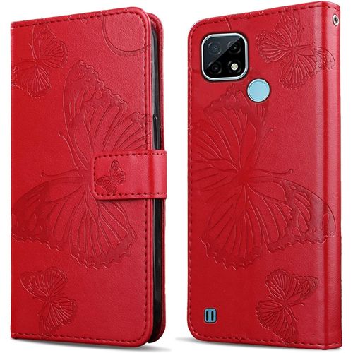 Coque Pour Oppo Realme C20 / Realme C21, Papillon Imprim¿¿ Housse En Cuir Pu Magn¿¿Tique Portefeuille, ¿¿Tui ¿¿ Rabat Pour Oppo Realme C20 / Realme C21, Rouge