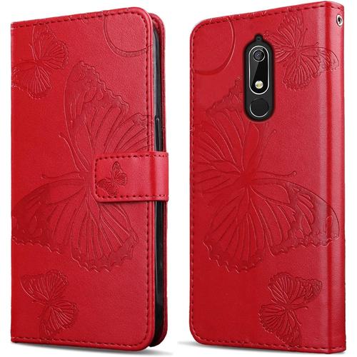 Coque Pour Nokia 5.1, Papillon Imprim¿¿ Housse En Cuir Pu Magn¿¿Tique Portefeuille, ¿¿Tui ¿¿ Rabat Pour Nokia 5.1, Rouge