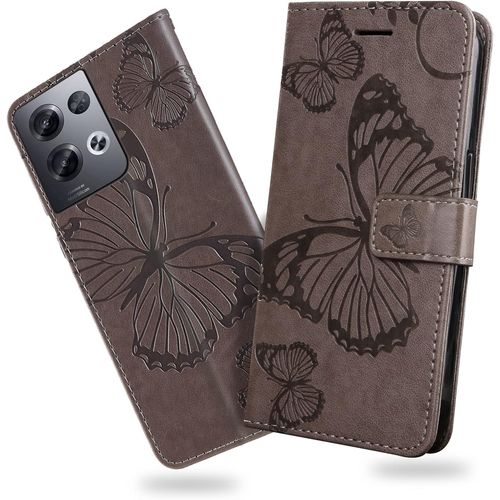 Coque Pour Oppo Reno 8 Pro 5g, Papillon Imprim¿¿ Housse En Cuir Pu Magn¿¿Tique Portefeuille, ¿¿Tui ¿¿ Rabat Pour Oppo Reno 8 Pro 5g, Gris