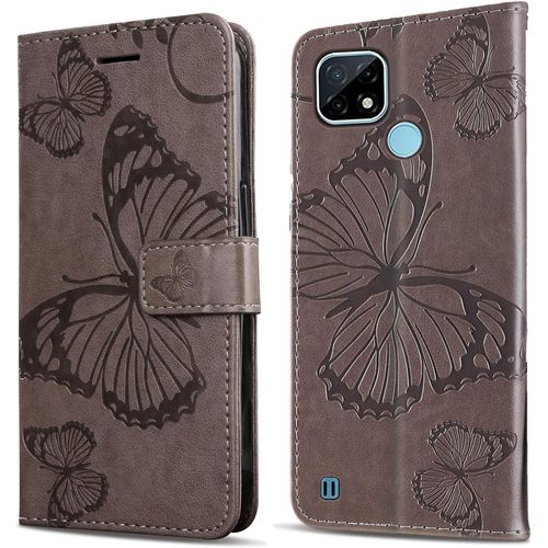 Coque Pour Oppo Realme C20 / Realme C21, Papillon Imprim¿¿ Housse En Cuir Pu Magn¿¿Tique Portefeuille, ¿¿Tui ¿¿ Rabat Pour Oppo Realme C20 / Realme C21, Gris