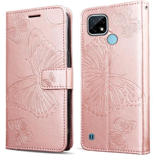 Coque Pour Oppo Realme C20 / Realme C21, Papillon Imprim¿¿ Housse En Cuir Pu Magn¿¿Tique Portefeuille, ¿¿Tui ¿¿ Rabat Pour Oppo Realme C20 / Realme C21, Or Rose