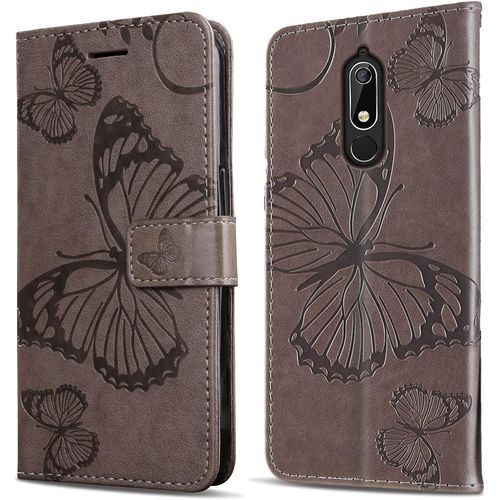 Coque Pour Nokia 5.1, Papillon Imprim¿¿ Housse En Cuir Pu Magn¿¿Tique Portefeuille, ¿¿Tui ¿¿ Rabat Pour Nokia 5.1, Gris