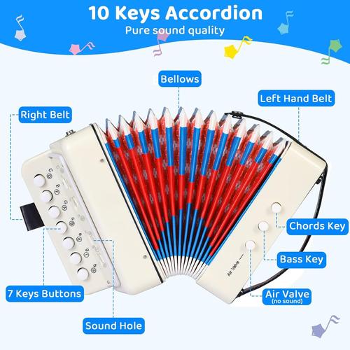 Accordéon Pour Enfants, Accordéon À 10 Touches Avec Sangles, Instrument De Musique Accordéon Pour Débutants, Accordéon Adultes Et Enfants De 3 Ans Et Plus, Blanc