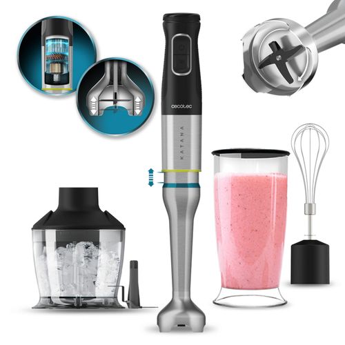Cecotec Mixeur à Main Katana 15 Chop B. 1500 W, 21 Vitesses et Turbo, 4 Lames en Titane Noir, Cloche Antiprojections, Pied Extra-long, Kit d'Accessoires, Verre 800 ml