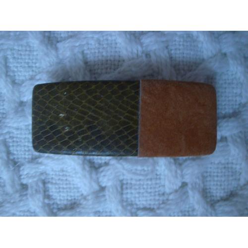 Barrette Rectangulaire En Cuir Vert Bronze Et Croute De Cuir Marron Caramel