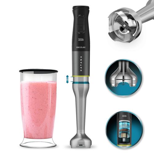 Cecotec Katana TotalDestroy 1500XL DoubleKatana Dk Mixeur plongeant, 1500 W, 21 vitesses et Turbo, système à double lame, 4 lames en titane noir, capot anti-éclaboussures, gobelet de 800 ml.