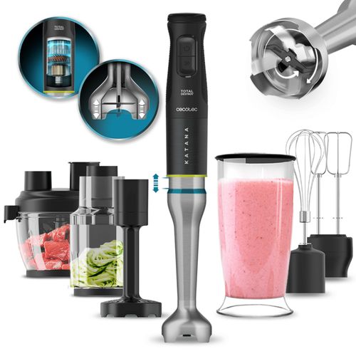 Cecotec Katana TotalDestroy 1500XL DOubleKatana Hand Blender, 1500 W, Dual Blade System, 21 speed and Turbo, 4 blades with Black Titanium, Anti-splash hood, 800 ml. cup.