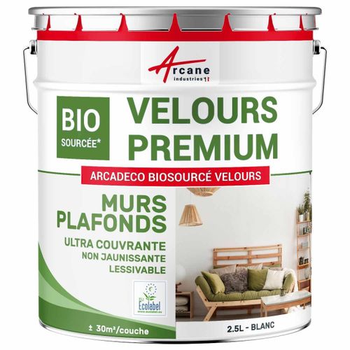 Peinture mur et plafond satin velours biosourcée Blanc 2.5 L (+ ou - 30m² par couche)