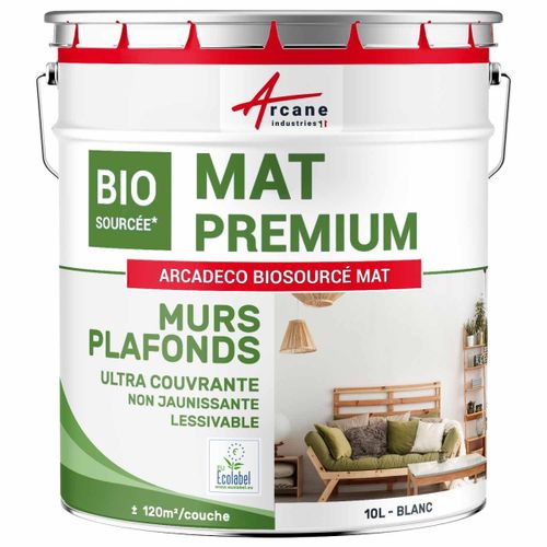 Peinture mat mur et plafond biosourcée - Peinture chambre, salon, pièces à vivre Blanc 10 L (+ ou - 120m² par couche)