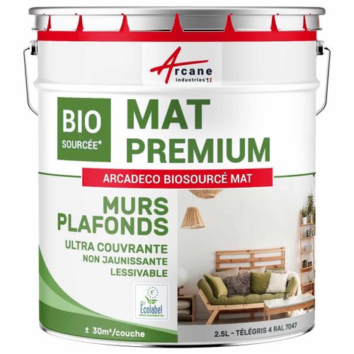 Peinture mat mur et plafond biosourcée - Peinture chambre, salon, pièces à vivre Télégris 4 - RAL 7047 2.5 L (+ ou - 30m² par couche)