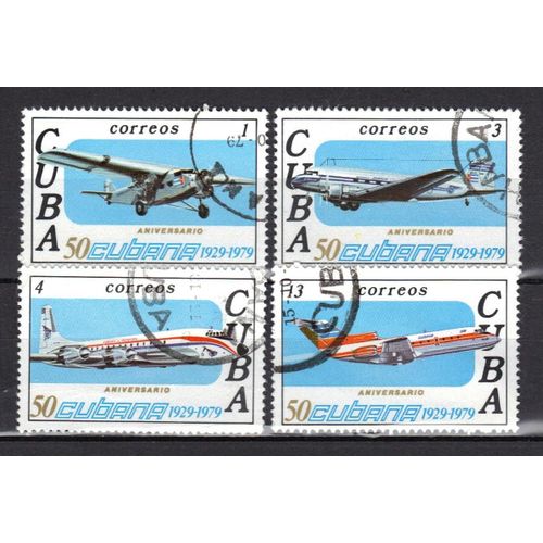 Cuba 1979 : 50è Anniversaire De L'aviation Commerciale Cubaine - Série De 4 Timbres Oblitérés