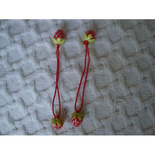 2 Élastiques Rouges Petite Fille Avec Fraises Rouges Et Pois Blancs Et Feuillage Vert Pale