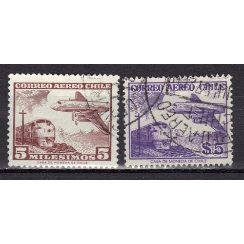 Chili 1956 Pa : Quadrimoteur Et Train - Série De 2 Timbres Oblitérés