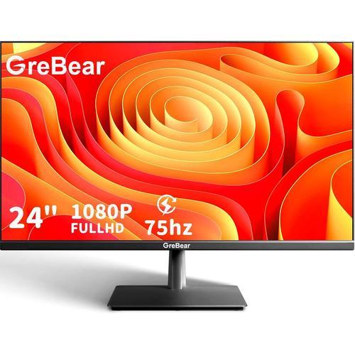 Écran PC GreBear 24 pouces FHD 1080p 75Hz IPS Moniteur d'ordinateur 178°Angle de Vision