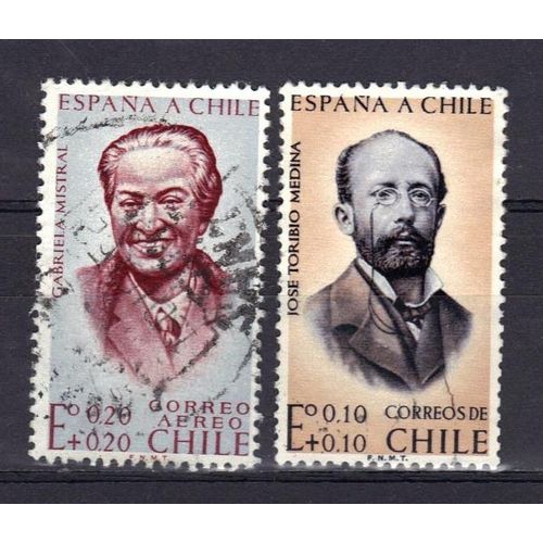 Chili 1961 : Gabriela Mistral / José Toribio Medina - Lot De 2 Timbres Oblitérés