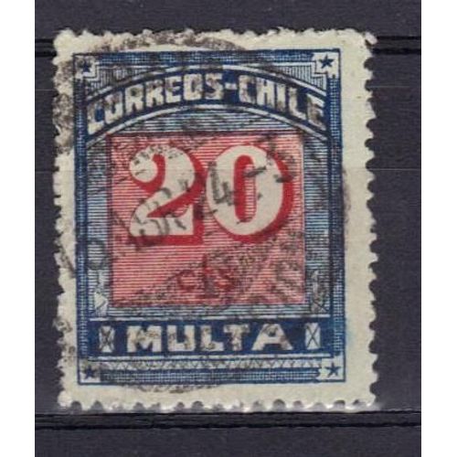Chili 1924 : Timbre Fiscal-Postal 20 C. Bleu Et Rouge Oblitéré