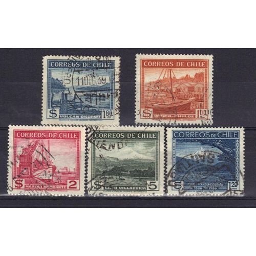 Chili 1936/38 : Paysages + Bateaux - Série De 5 Timbres Oblitérés
