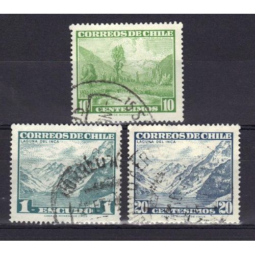 Chili 1961 : Vallée Du Rio Maule / Lagune De L'inca - Série De 3 Timbres Oblitérés