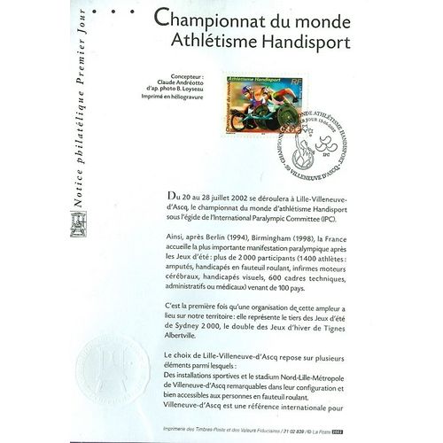 Notice Philatélique 1er Jour : Championnat Du Monde Athlétisme Handisport - Sport Handicapés