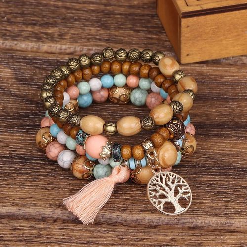 Ensemble De Bracelets Bohème Pour Femme Perles En Bois Faites À La Main, Bijoux Féminins, Arbre De Vie 4 Pièces