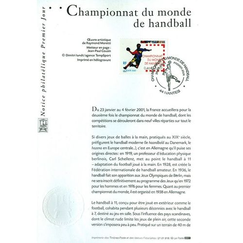 Notice Philatélique 1er Jour : Championnat Du Monde De Handbal - Sport