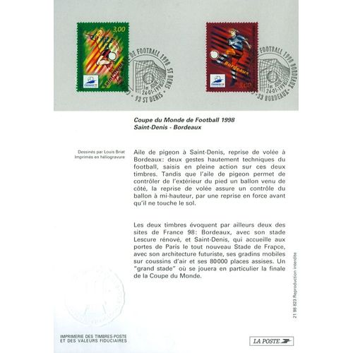 Notice Philatélique 1er Jour : Coupe Du Monde Football 1998 - Bordeaux Saint Denis Sport