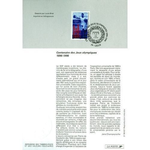 Notice Philatélique 1er Jour : Centenaire Des Jeux Olympiques 1896-1996 - Sport
