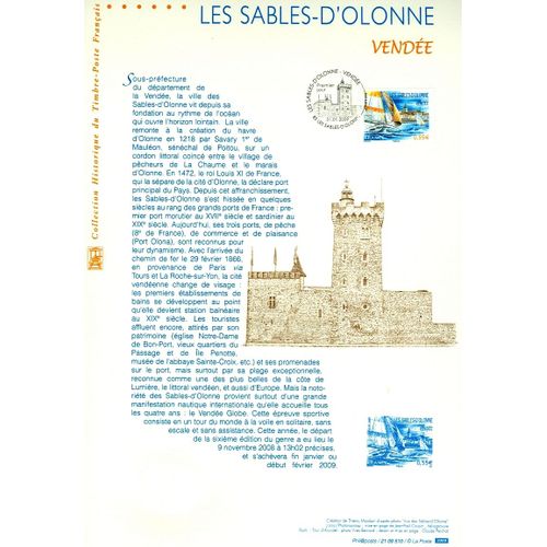 Collection Historique Du Timbre Poste Français (Documents Officiels) 21 X 29.7 Cm Avec Oblitération 1er Jour : Les Voiliers Aux Sables D'olonne - Sport