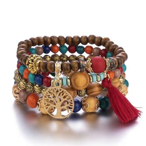 Ensemble De Bracelets Bohème Pour Femme Perles En Bois Faites À La Main, Bijoux Féminins, Arbre De Vie 4 Pièces - Rouge
