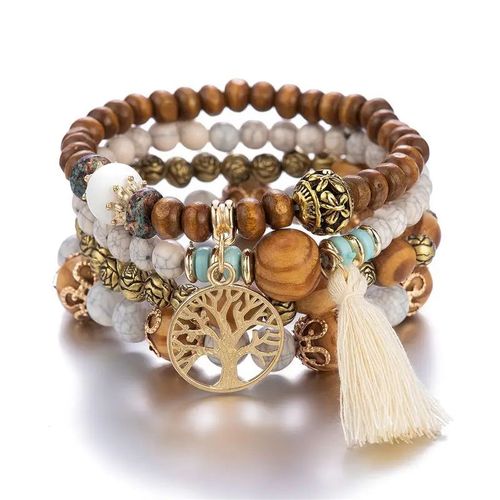 Ensemble De Bracelets Bohème Pour Femme Perles En Bois Faites À La Main, Bijoux Féminins, Arbre De Vie 4 Pièces - Blanc