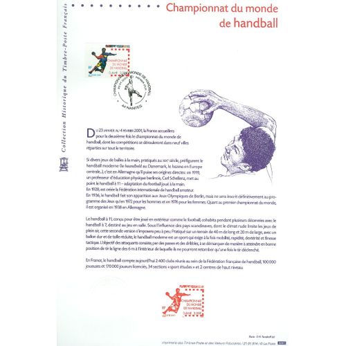 Collection Historique Du Timbre Poste Français (Documents Officiels) 21 X 29.7 Cm Avec Oblitération 1er Jour : Championnat Du Monde Handball 2001 - Sport Nantes