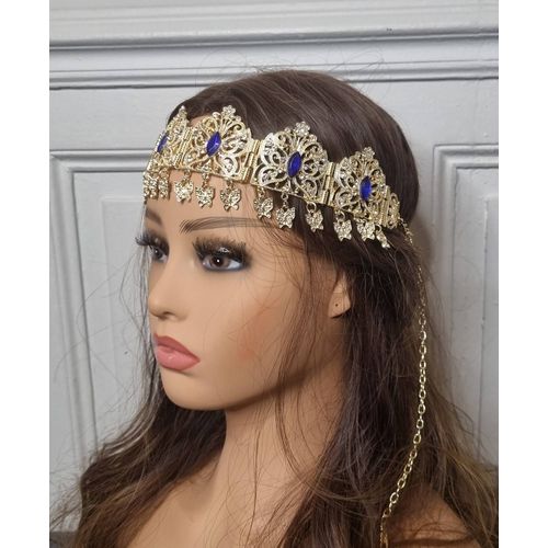Couronne Frontal Jbine En Métal Doré Pierre Verte Diadème Oriental Kabyle Chaoui Berbère Mariage Bleu Chaouia