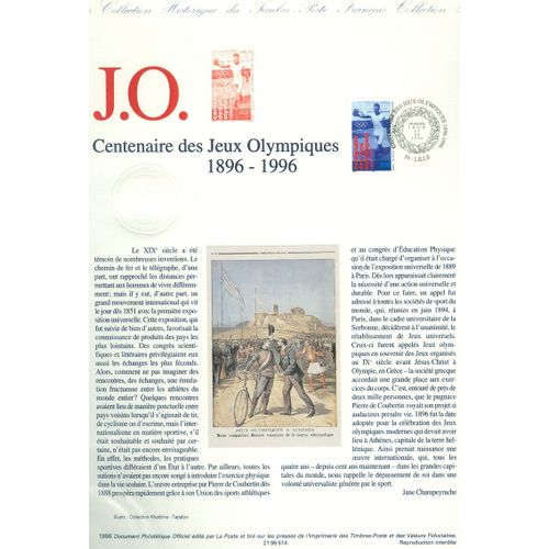 Collection Historique Du Timbre Poste Français (Documents Officiels) 21 X 29.7 Cm Avec Oblitération 1er Jour : Centenaire Des Jeux Olympiques 1896-1996 - Sport Coubertin