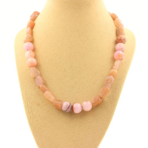 Collier Perles Pierre De Soleil De Tanzanie + Opale Rose 8 Mm. Chaine En Acier Inoxydable.